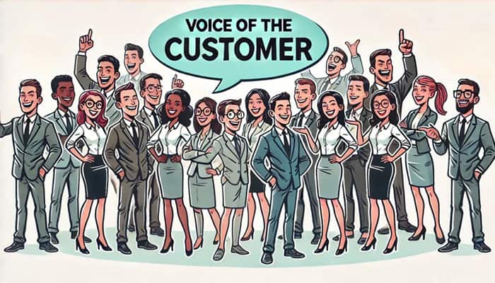 Voice of the customer, diverse business team, customer feedback, professional corporate group, Sapient Insights Group focus.