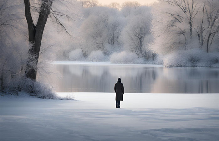Serene winter landscape with a solitary person by a frozen lake, snow-covered trees, and misty atmosphere, illustrating tranquility and reflection.
