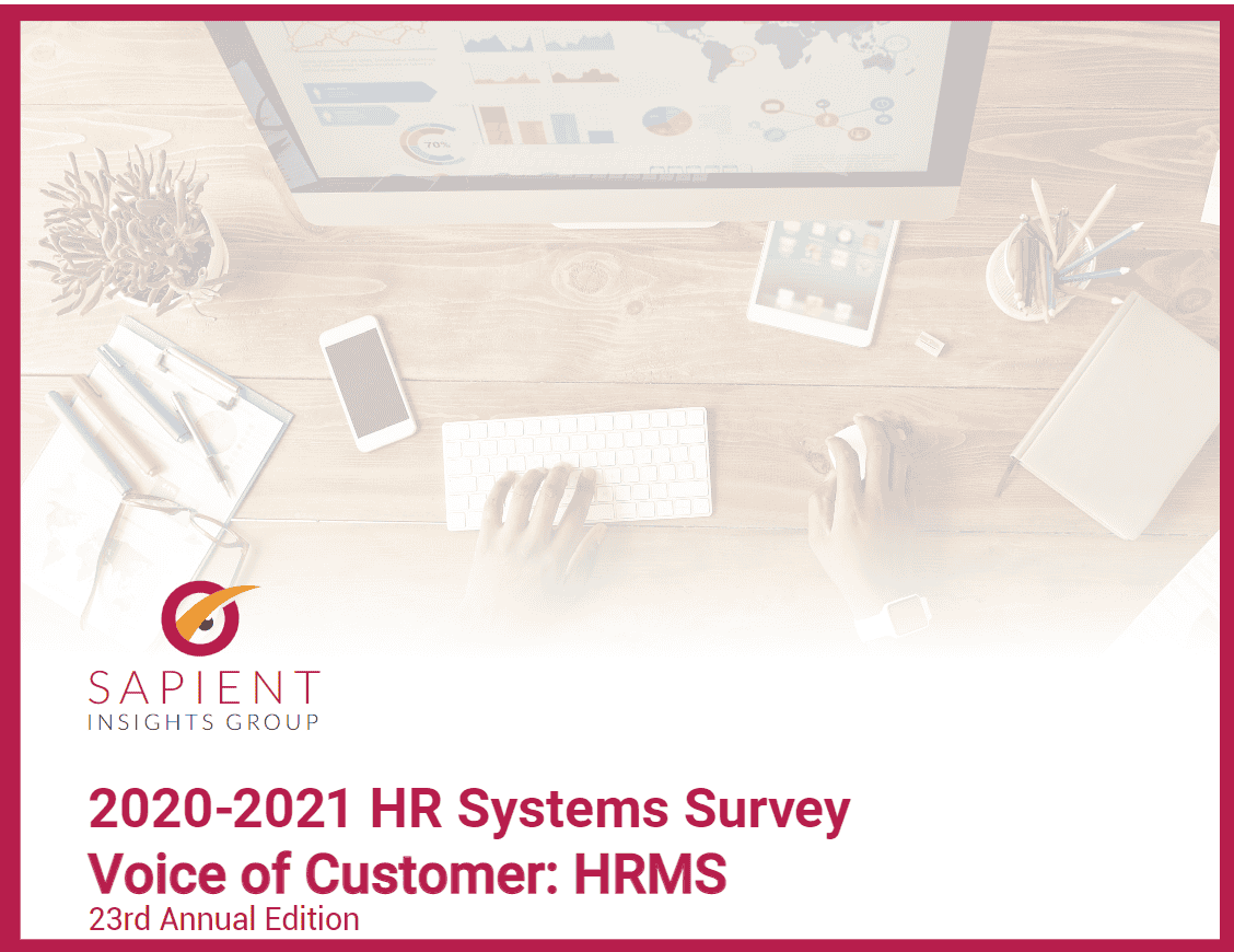 HR systems survey report by Sapient Insights Group focusing on HRMS and voice of the customer, 23rd annual edition, visualizing data analysis on a workspace with digital tools.
