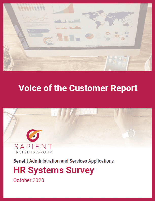 HR Systems Survey report cover page, showing data visualizations and world map for benefit administration and services applications, published October 2020 by Sapient Insights Group.
