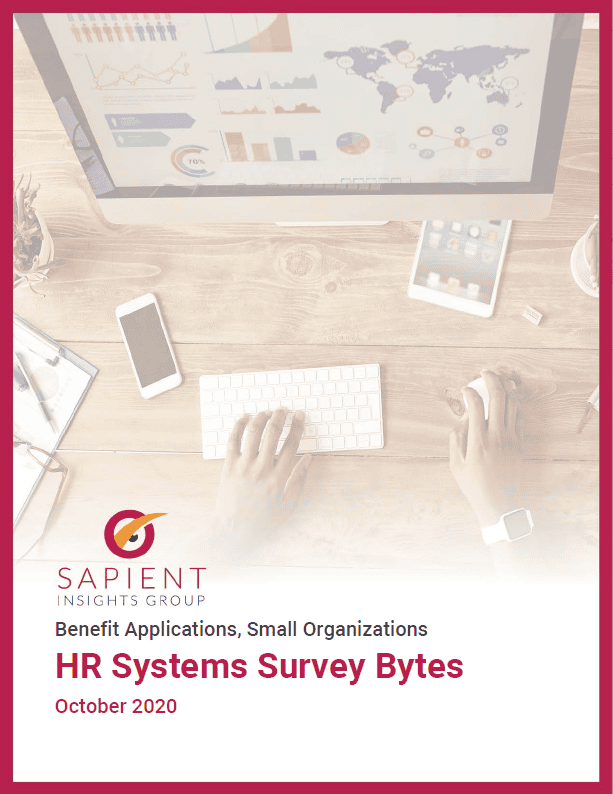 HR systems survey report on small organizations and benefit applications by Sapient Insights Group, published October 2020.