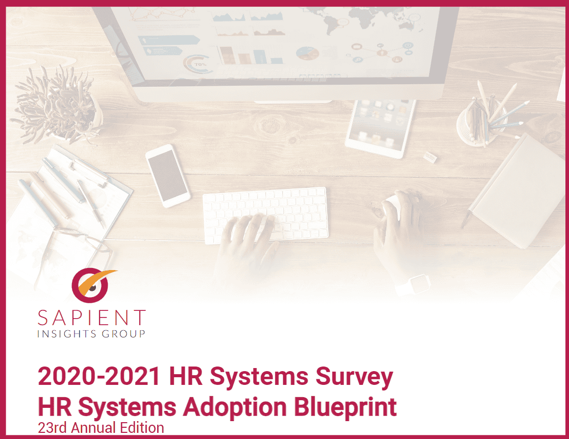 HR systems survey report cover page, HR systems adoption blueprint, 2020-2021, Sapient Insights Group, annual HR technology trends analysis, human resources digital transformation, HR software implementation guide, enterprise HR management, 23rd annual edition, HR automation strategies.