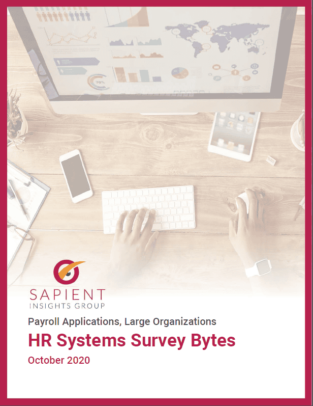 Data-driven HR insights reports for large organizations, focusing on payroll applications and HR system survey analysis from Sapient Insights Group.