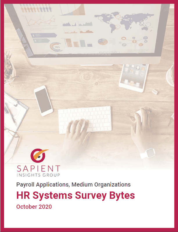 HR Systems Survey Bytes report cover featuring payroll applications, medium organizations, data charts, and global analytics for HR technology insights.