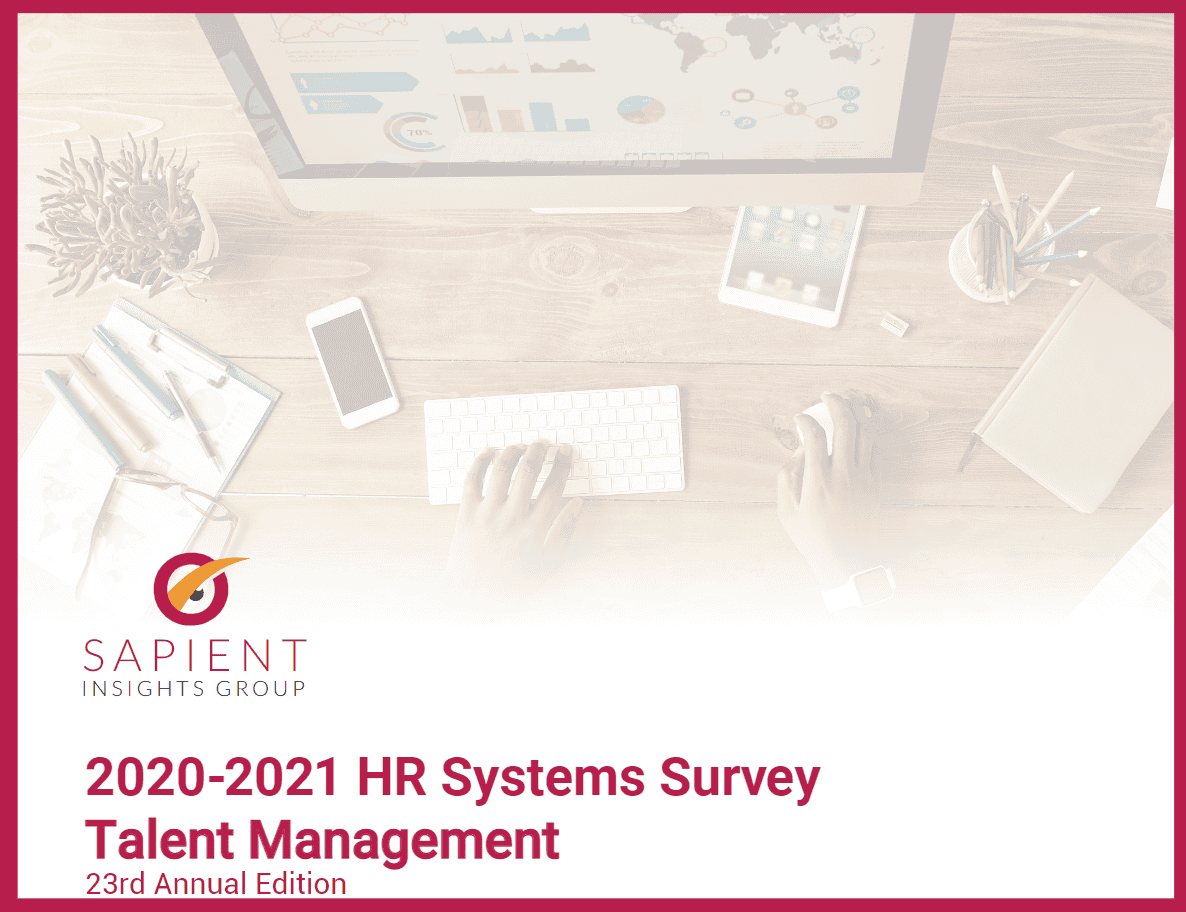 HR systems survey report cover image showing a workspace with a computer, tablet, smartphone, and office supplies, highlighting HR technology, talent management, and corporate analysis.