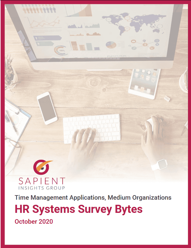 HR systems survey bytes report cover with data analysis on time management applications for medium organizations.