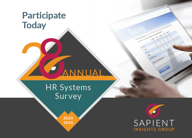 HR systems survey 2025-2026 by Sapient Insights Group, participated in by HR professionals, showcasing data collection via digital surveys for enterprise HR management.