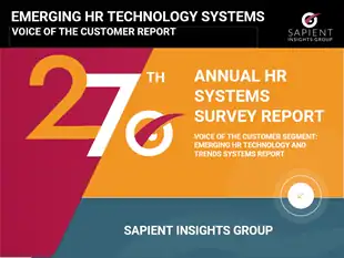 Emerging HR technology systems report cover showcasing Sapient Insights Group's annual HR systems survey and insights into future HR technology trends.