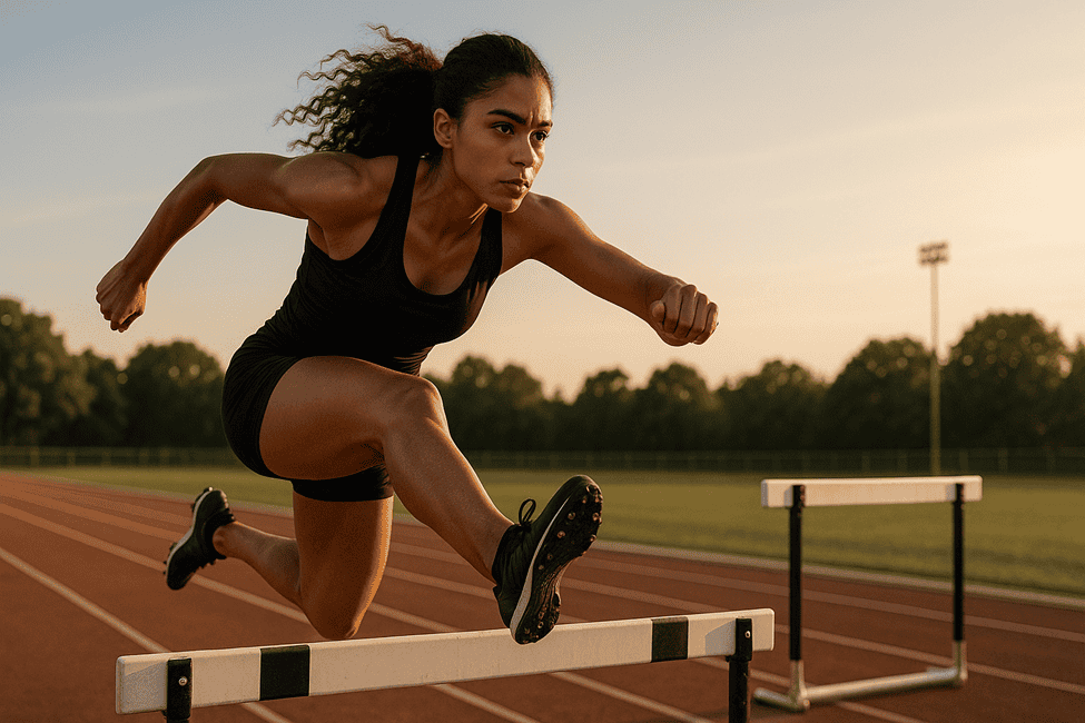 Hurdler in mid-air during track and field race, athletic woman jumping over hurdle on outdoor athletics track at sunset, fitness and sports training, competitive running event.