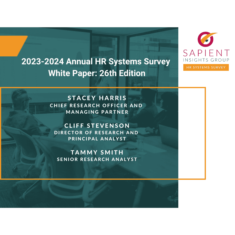 HR systems survey report cover page featuring Sapient Insights Group logo and key research team members, highlighting 2023-2024 HR systems survey white paper edition.