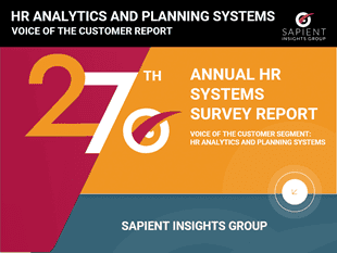 HR analytics and planning systems report cover showing Sapient Insights Group logo, highlighting annual HR systems survey, and emphasizing data-driven HR decision-making and insights.