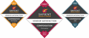 Vendor satisfaction survey graphic for Sapient Insights Group, focusing on compensation for mid-market, SMB, and enterprise sectors. Highlights 2025-2026 trends and vendor feedback analysis.